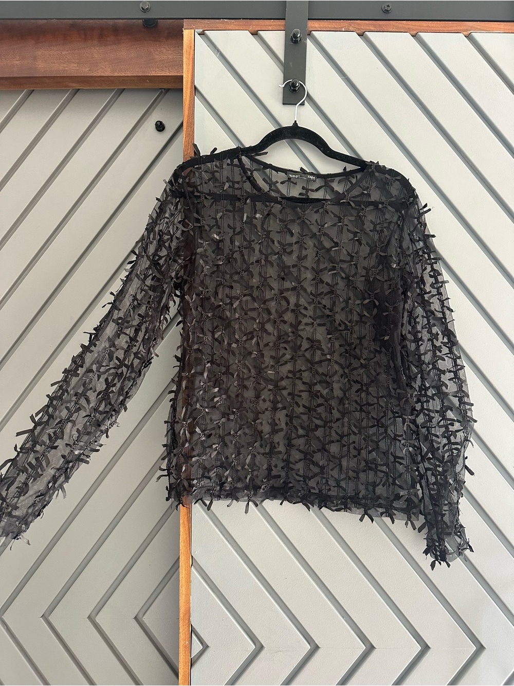 Zara Black Sheer Long-Sleeve Textured Tee